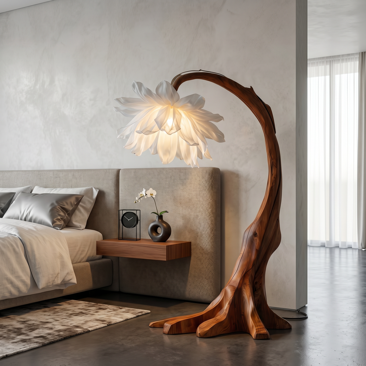 Contemporary Floor Lamp, Sculptural Floral Design Handcrafted Wooden Standing Tall Light for Living Room