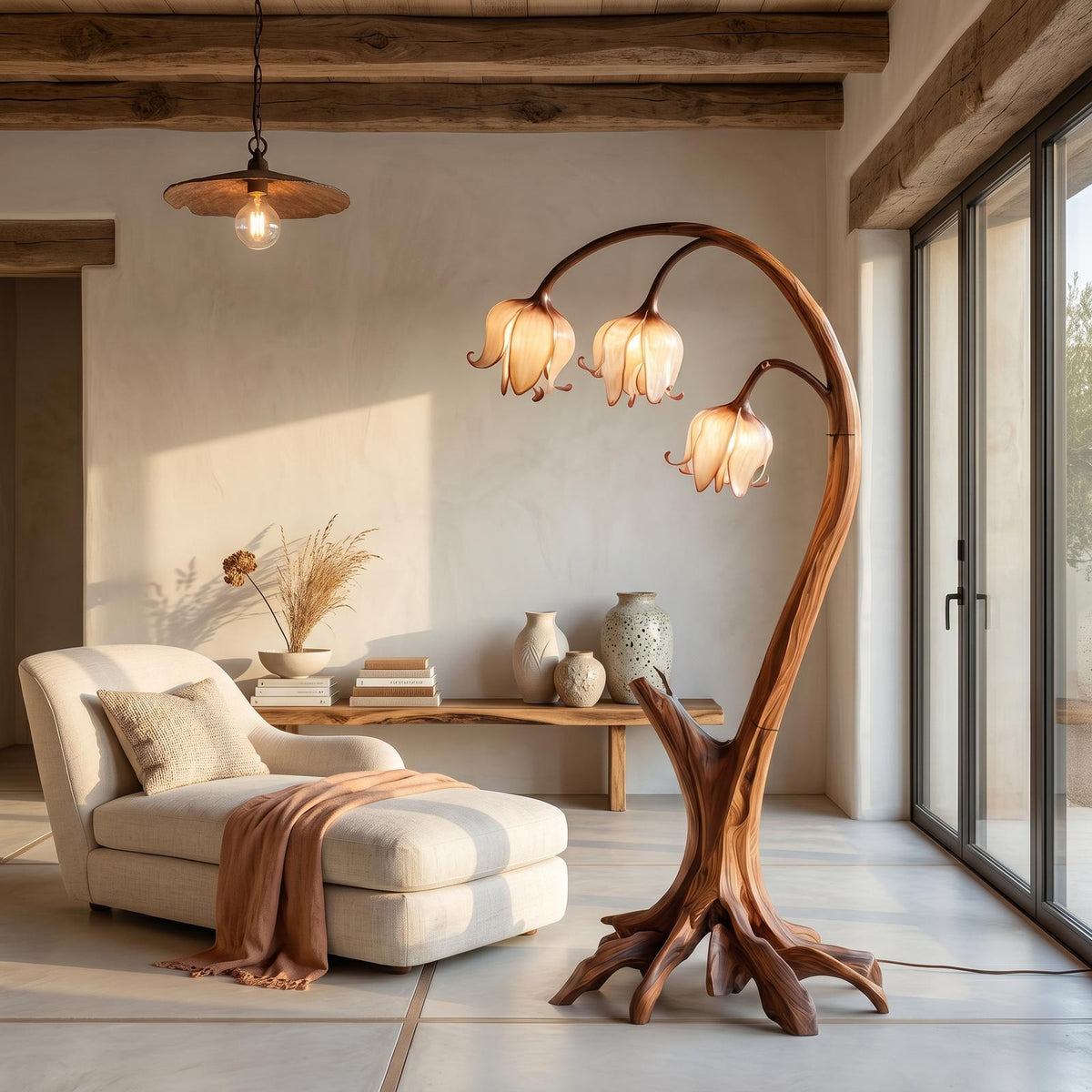 Rustic Floor Lamp, Handcrafted Blooming Bell Flower Wood Standing Lamp for Living Room & Bedroom