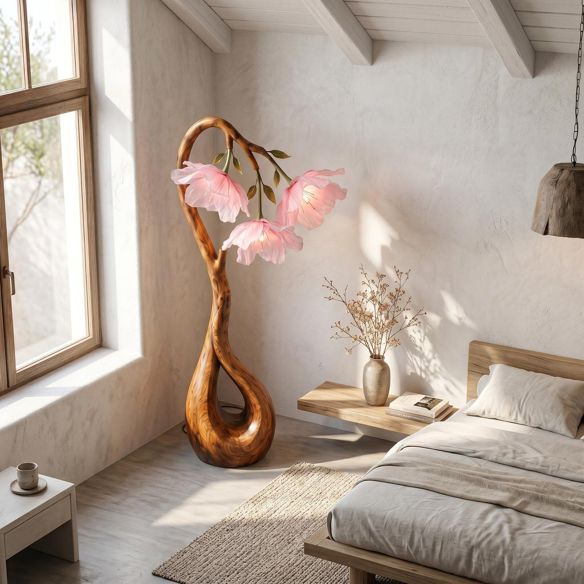 Modern Floor Lamp with Nature-Inspired Silhouette, Handcrafted Wooden Standing Light for Living Room