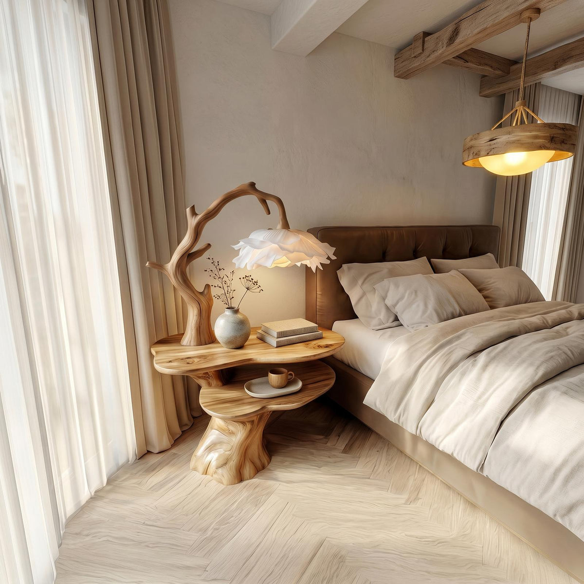 Natural Bedside Table with Floral Lamp, Handcrafted Tree Branch Solid Wood Nightstand for Guest Room