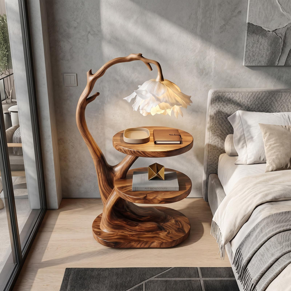 Organic Bedside Table with Sculptural Flower Lamp, Solid Wood Nightstand & Side Table for Bedroom
