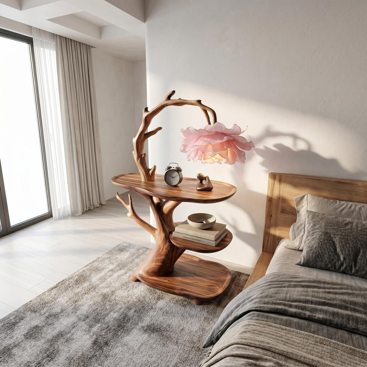 Contemporary Side Table with Floral Accent Lamp, Handcrafted Solid Wood Bedside Nightstand for Bedroom