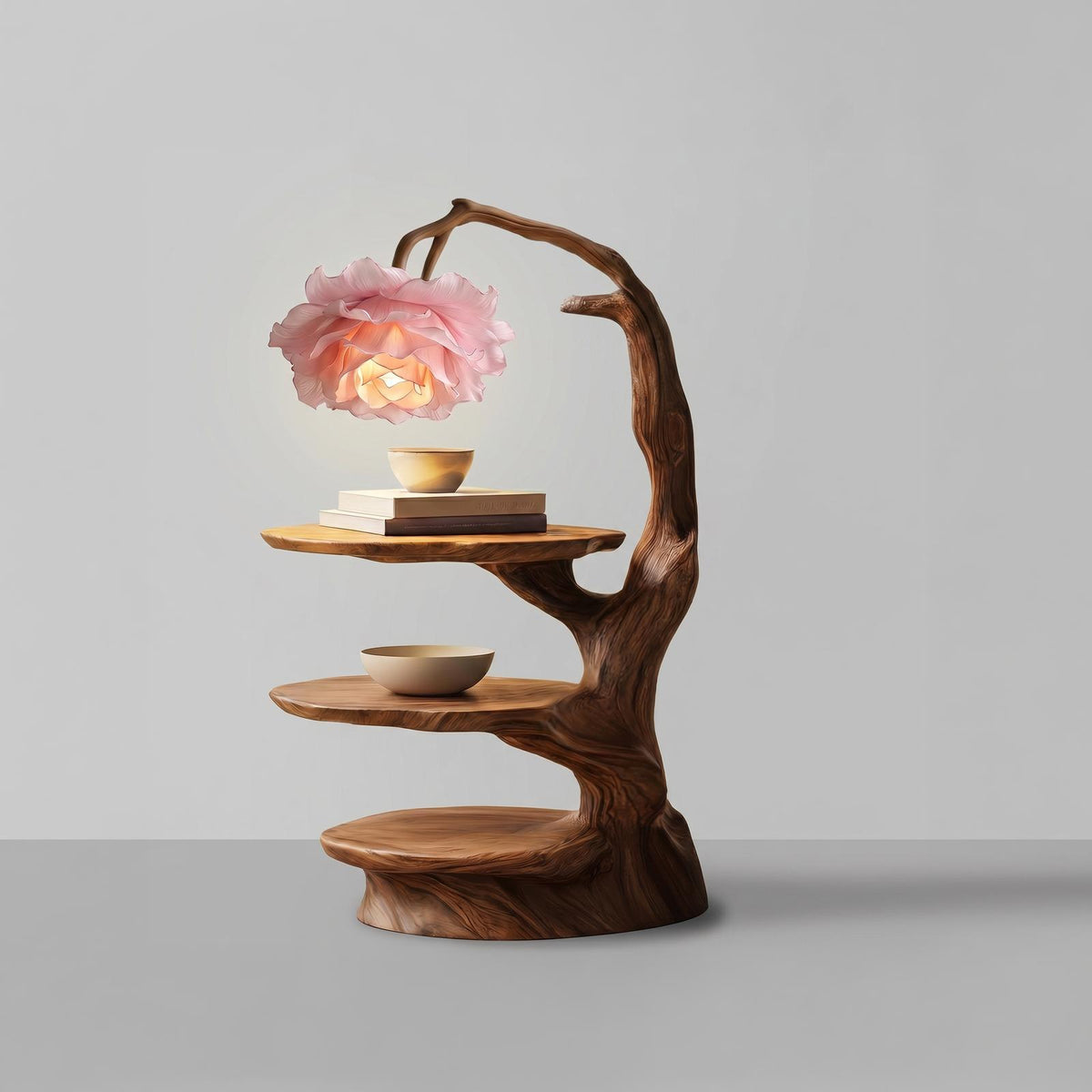 Natural End Table with Tree Branch Base & Integrated Flower Lamp, Solid Wood Bedside Table Nightstand