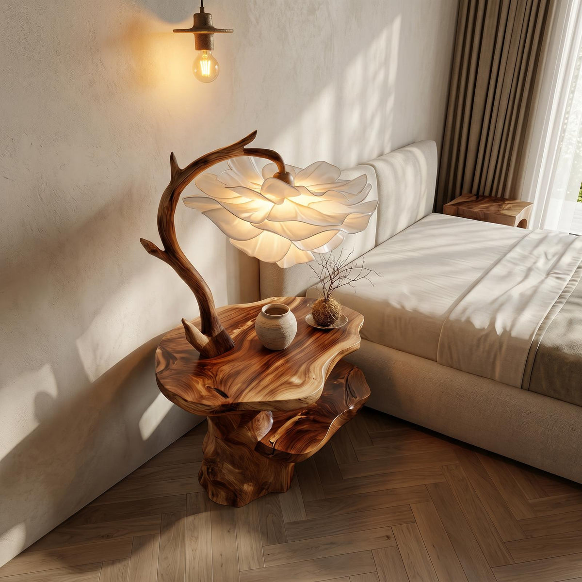Organic End Table with Flower Lamp, Tree Branch Solid Wood Bedside Table & Accent Nightstand
