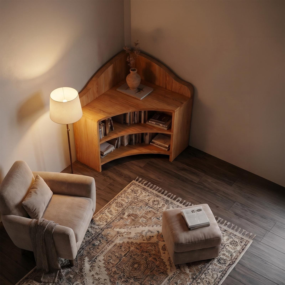 Minimalist Corner Bookshelf, Clean Solid Wood Open Display Shelves for Contemporary Living Room