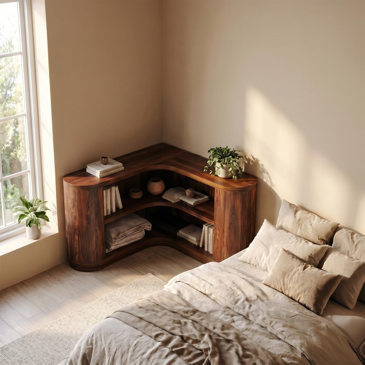Scandinavian Corner Bookshelf, Minimalist Solid Wood Open Storage Shelves for Modern Living Room