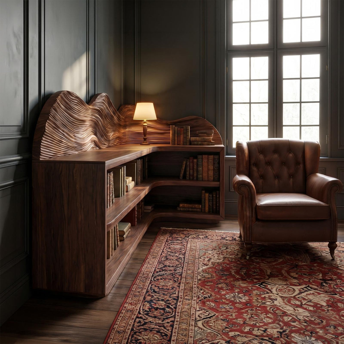 Contemporary Corner Bookcase, Sculptural Solid Wood Floating Shelves, Wall Display for Living Room