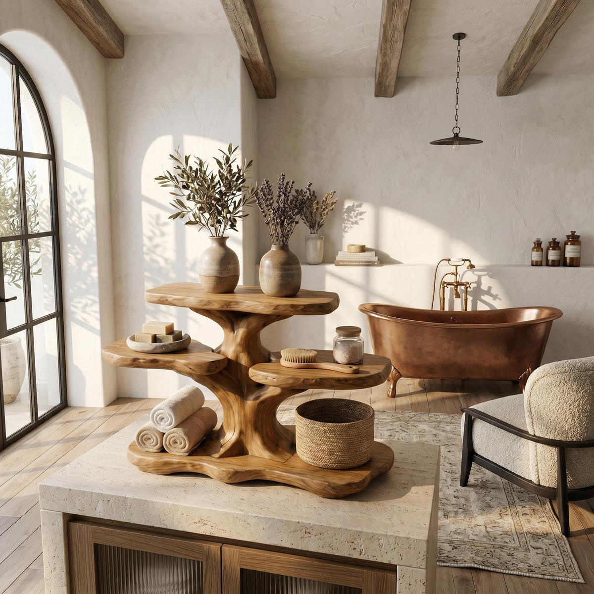 Contemporary Tree Bathroom Organizer with Floating Wood Shelves, Decorative Wall Storage