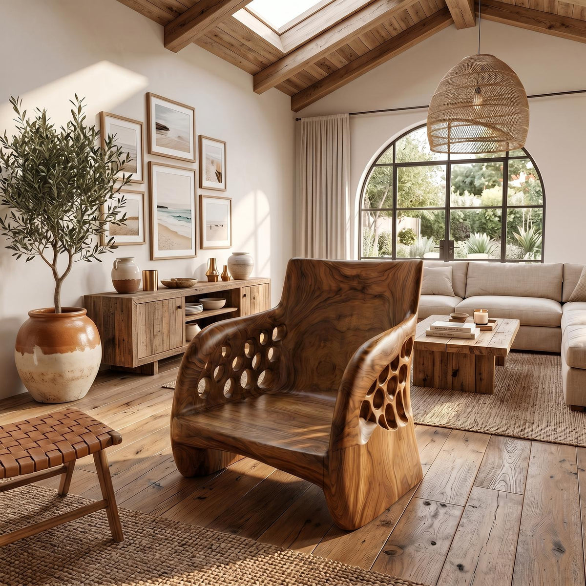 Contemporary Organic Wooden Accent Chair, Sculptural Lounge Armchair for Living Room