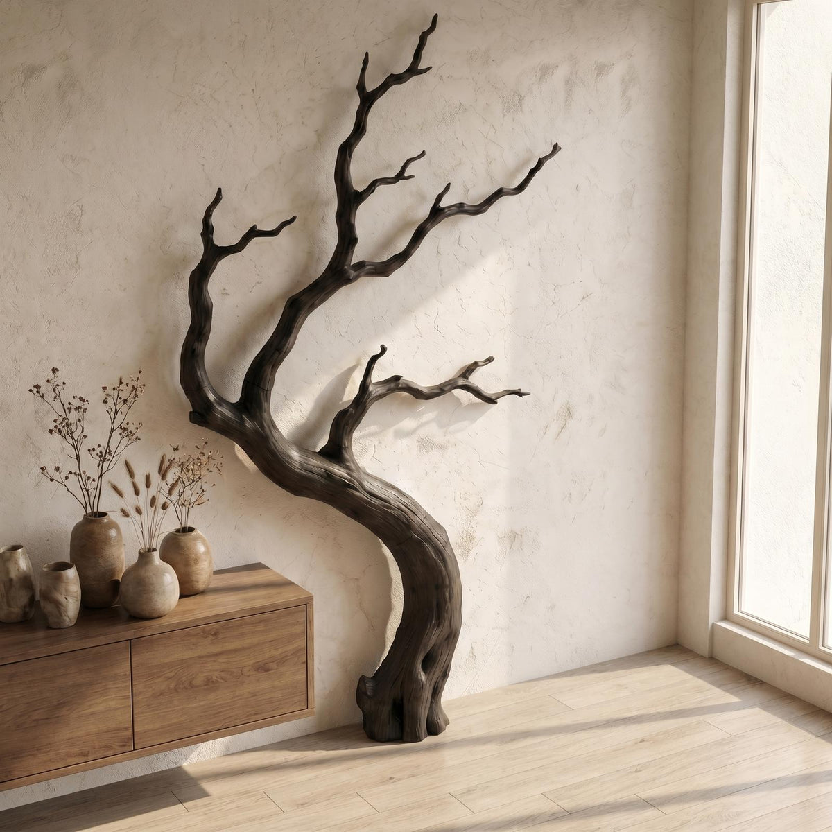 Rustic Wooden Wall Decor with Tree Branch Design, Handcrafted Driftwood Art Sculpture for Living Room