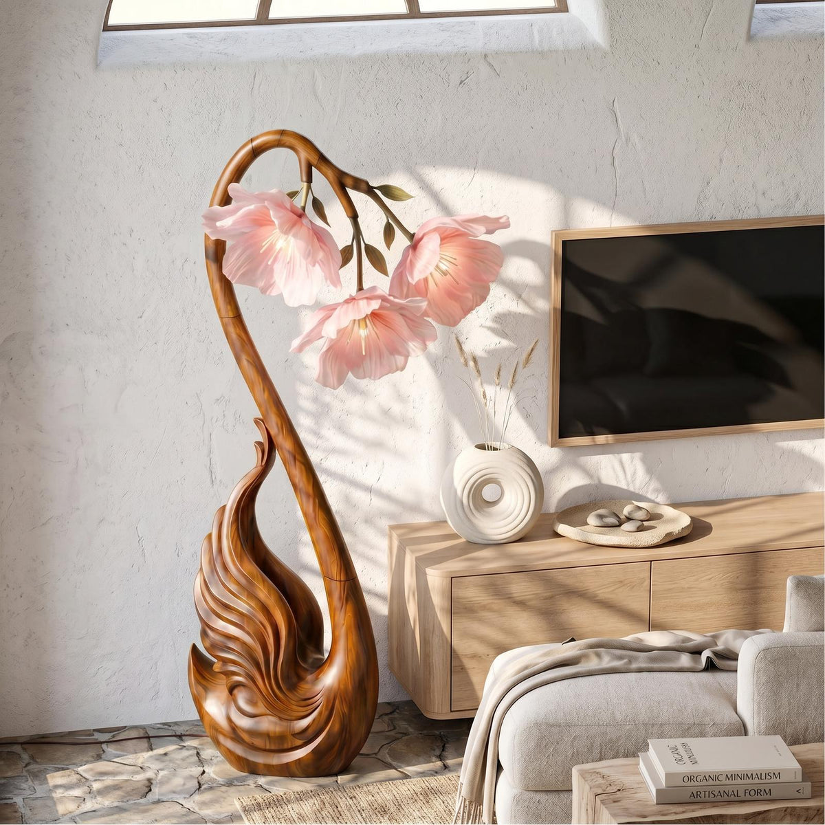 Modern Wood Floor Lamp, Handcrafted Sculptural Flower Shape Standing Accent Light for Living Room, Model