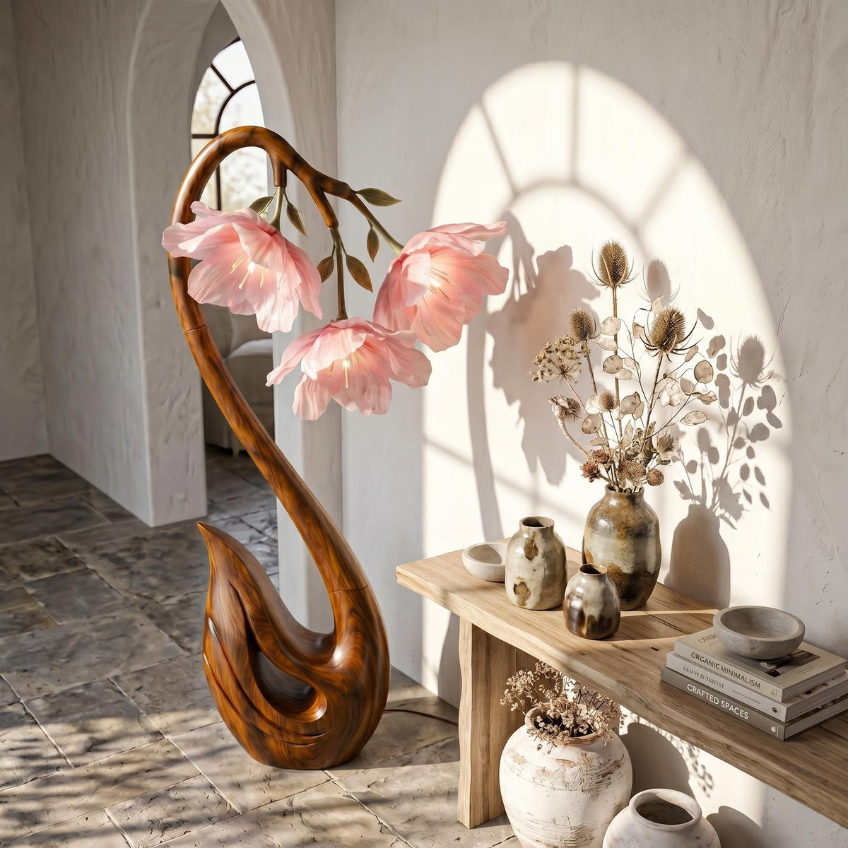 Sculptural Flower Floor Lamp, Handcrafted Organic Wood Blooming Rose Shape Standing Light for Bedroom, Model