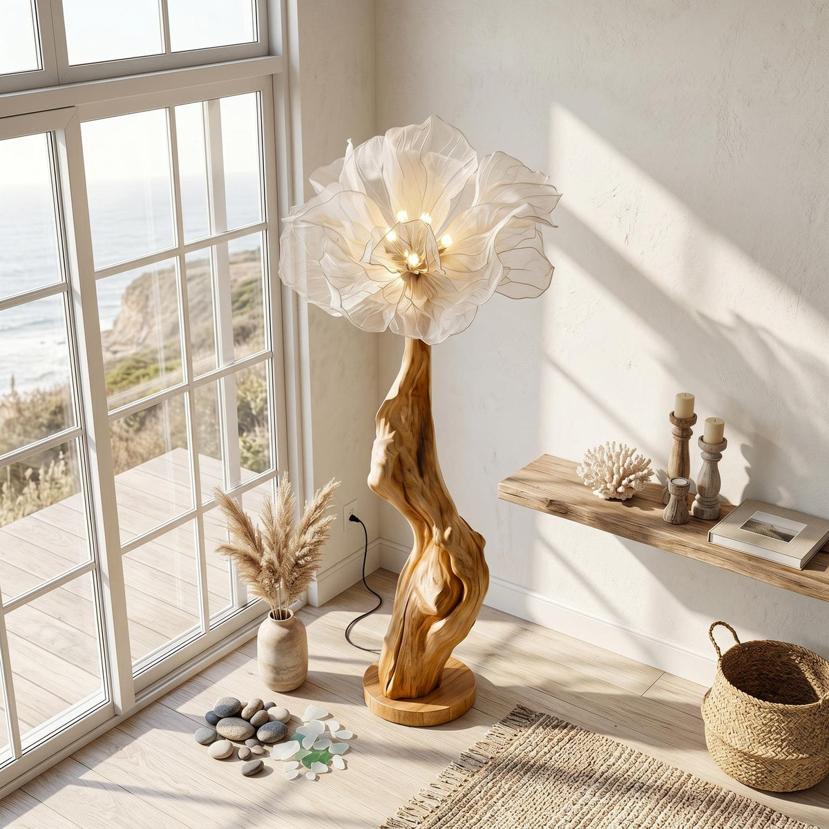 Nature Inspired Wood Floor Lamp, Handcrafted Artistic Flower Display Standing Light for Living Room, Model