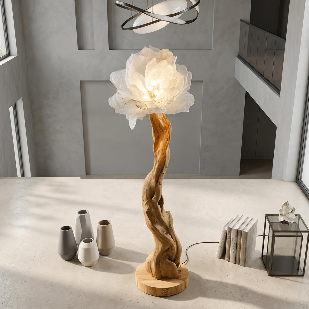 Organic Wood Standing Lamp, Handcrafted Sculptural Bloom Flower Design Tall Floor Lamp for Living Room, Model