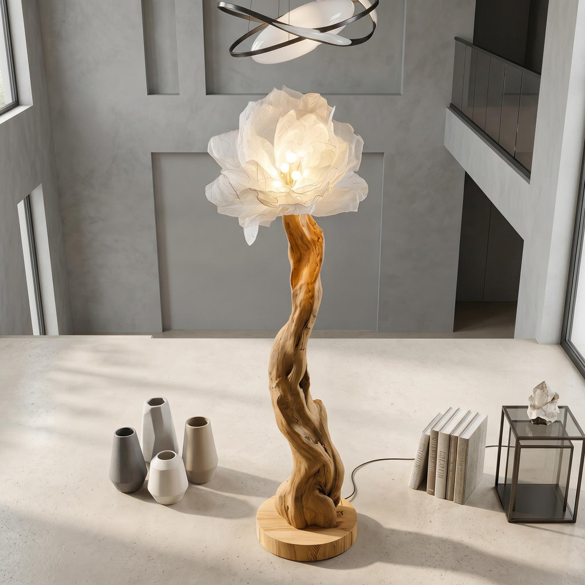 Organic Wood Standing Lamp, Handcrafted Sculptural Bloom Flower Design Tall Floor Lamp for Living Room, Model