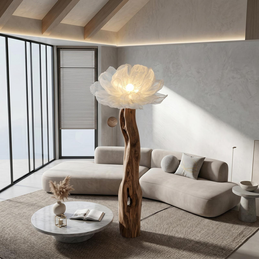 Artistic Wood Floor Lamp, Handcrafted Sculptural Flower Arrangement Design Tall Standing Light for Home, Model