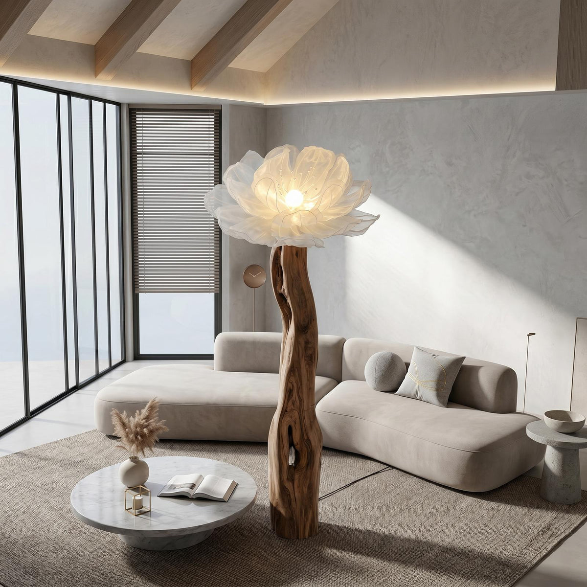 Artistic Wood Floor Lamp, Handcrafted Sculptural Flower Arrangement Design Tall Standing Light for Home, Model