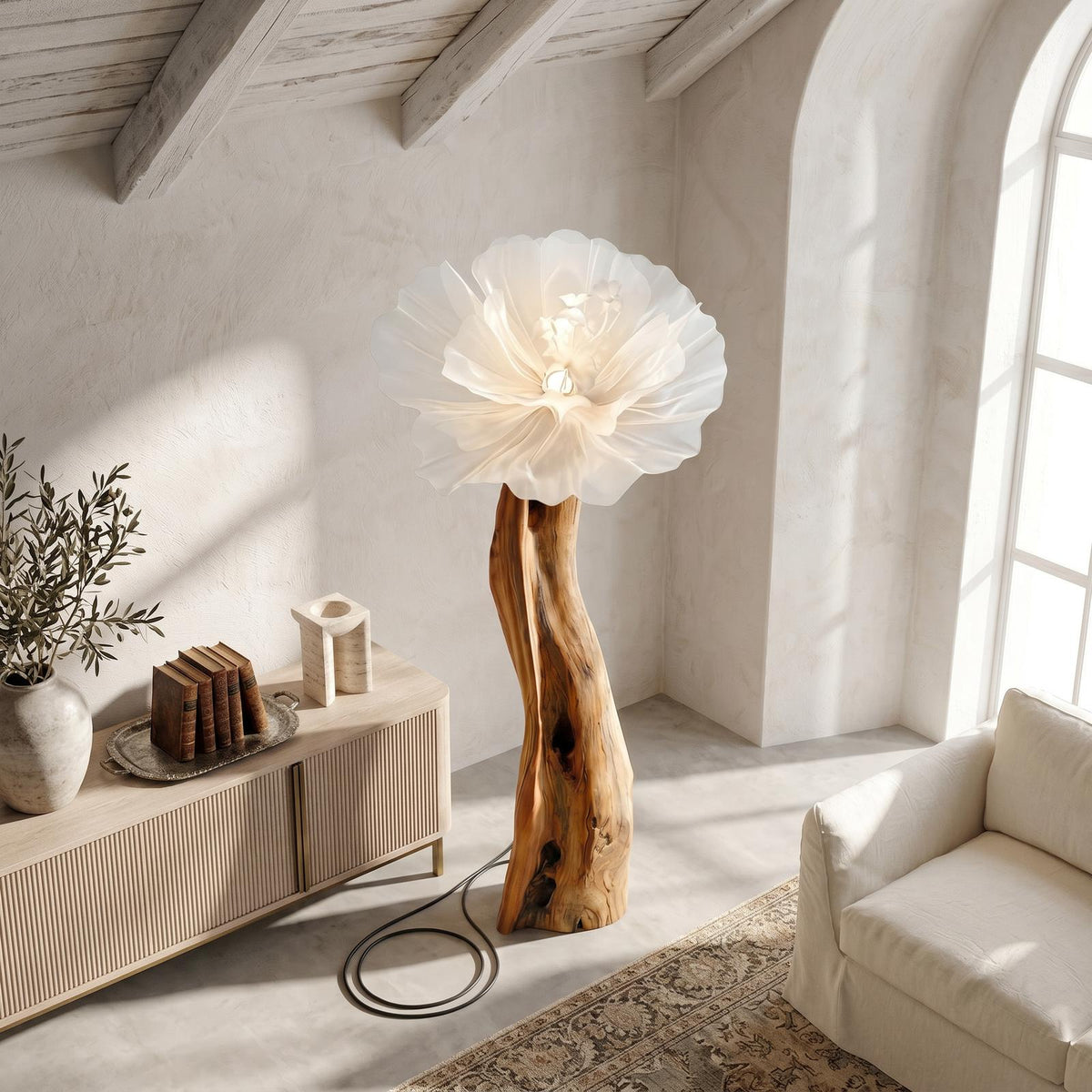 Artistic Flower Floor Lamp Sculptural Wood Base For Living Room