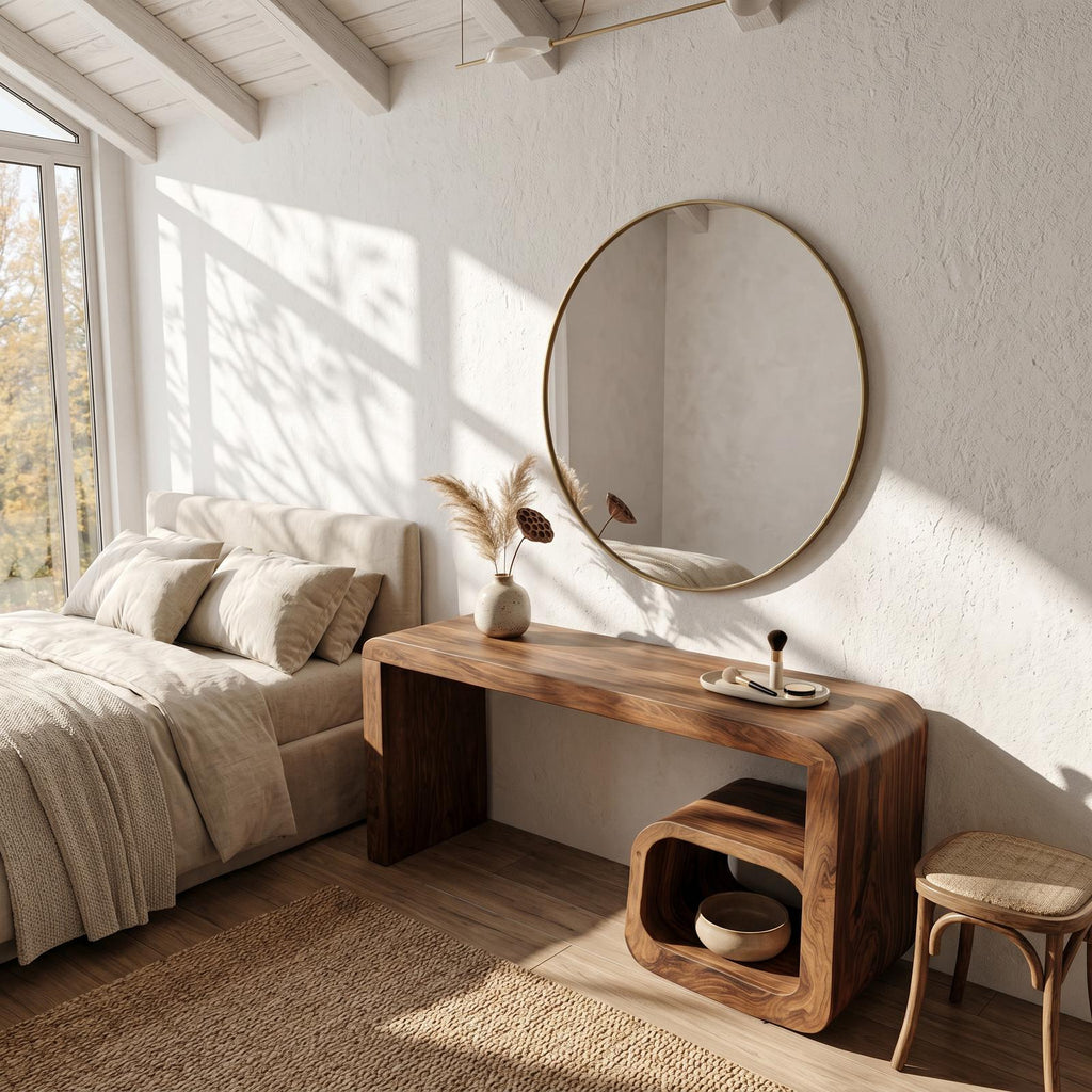 Sculptural Dressing Table With Curved Wood Silhouette For Bedroom Decor