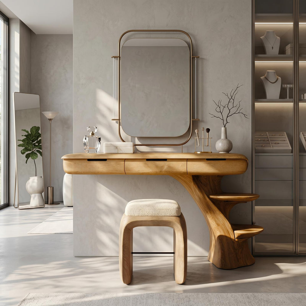Sculptural Dressing Table With Open Storage Shelves For Bedroom SINLSABDT086