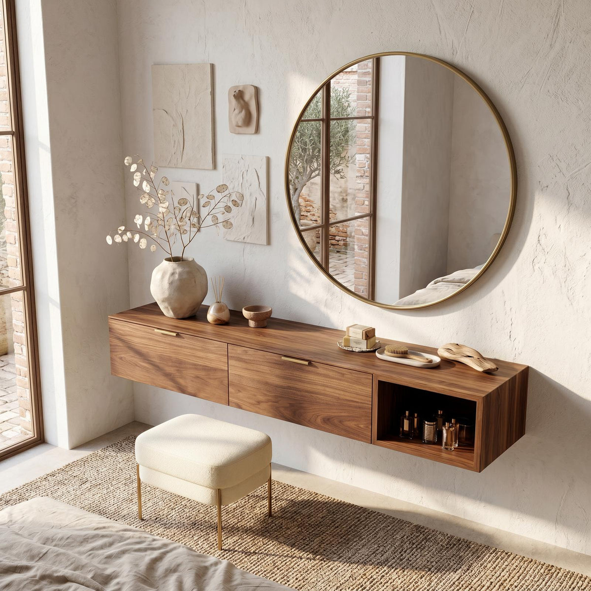 Modern Wall Mounted Dressing Table With Built In Storage For Bedroom SINLSABDT090