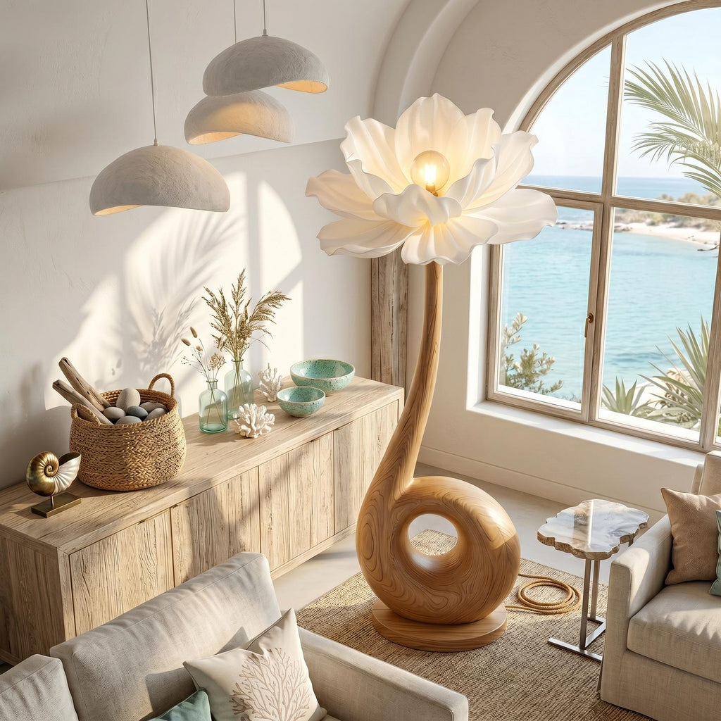 Modern Floor Lamp With Sculptural Loop Base And Floral Shade For Living Room