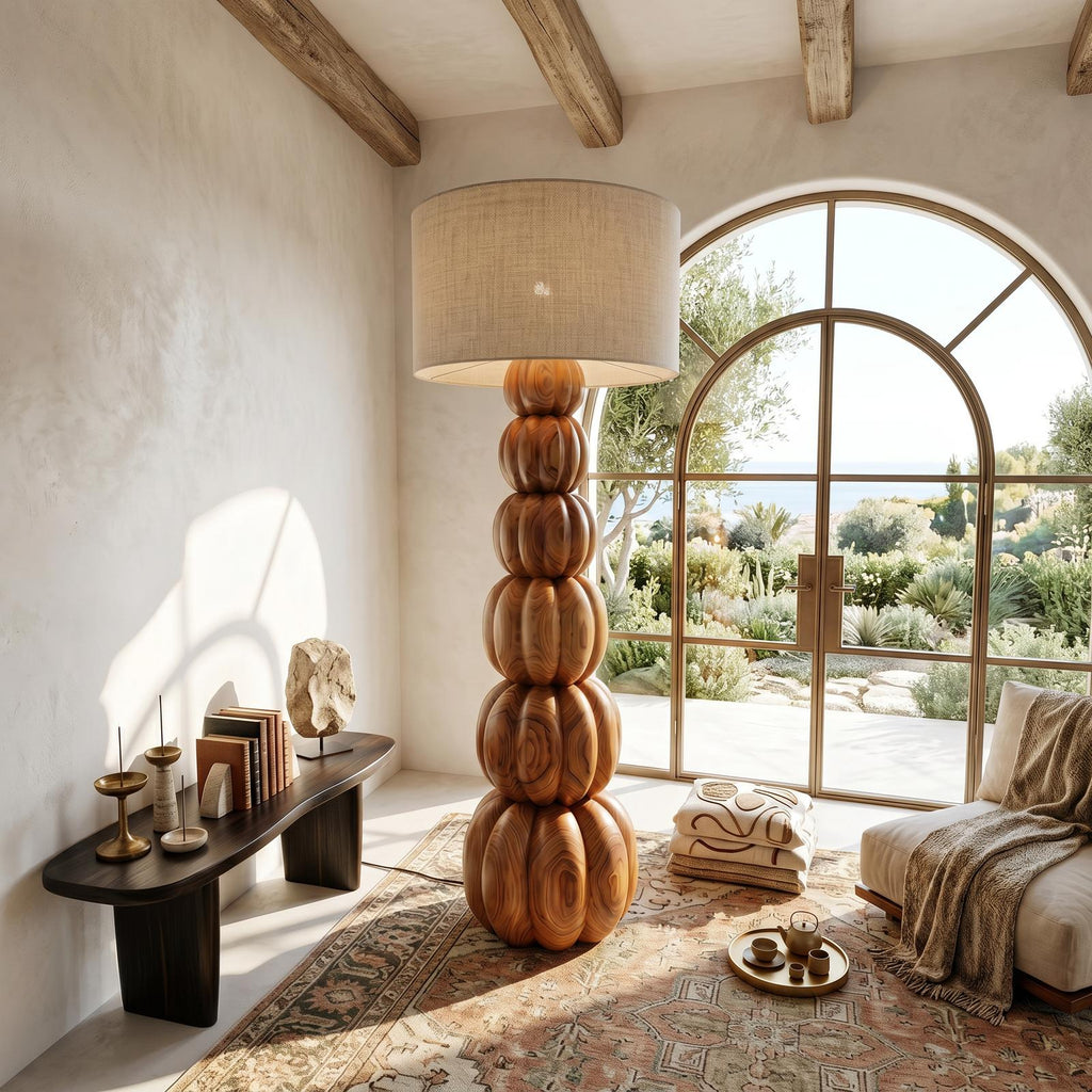 Rustic Floor Lamp With Stacked Pumpkin Wood Base For Living Room