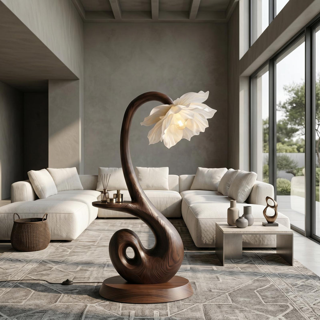 Nature Inspired Floor Lamp With Blooming Flower Shade And Display Shelf For Reading Nook