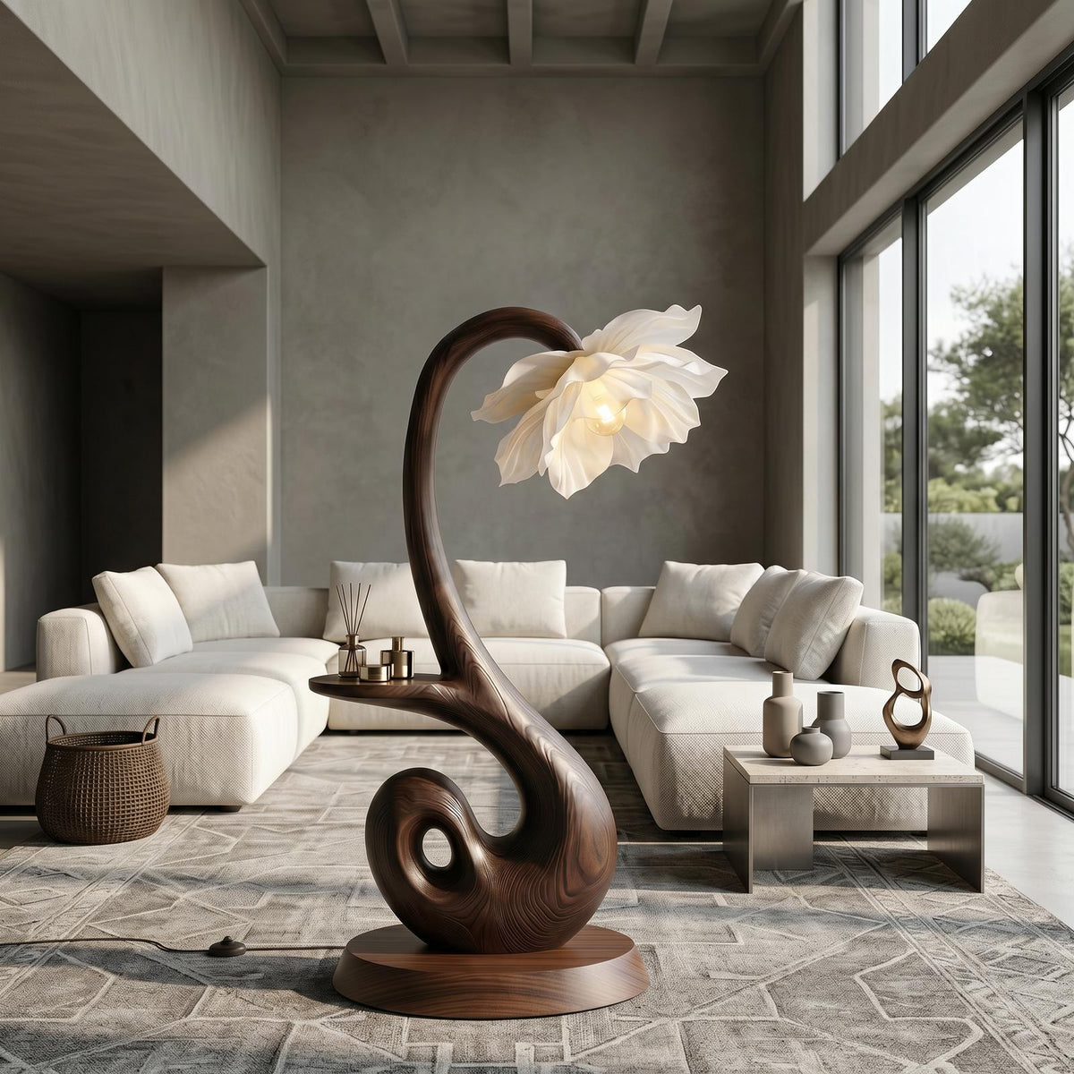 Nature Inspired Floor Lamp With Blooming Flower Shade And Display Shelf For Reading Nook