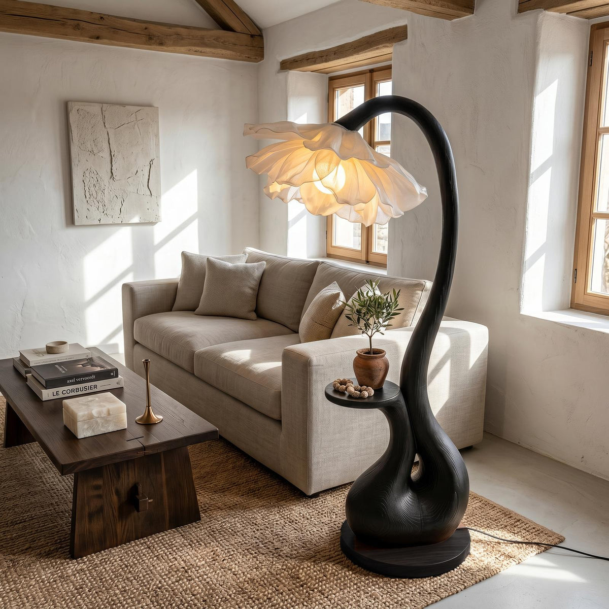 Modern Floor Lamp With Sculptural Curved Base And Display Shelf For Living Room