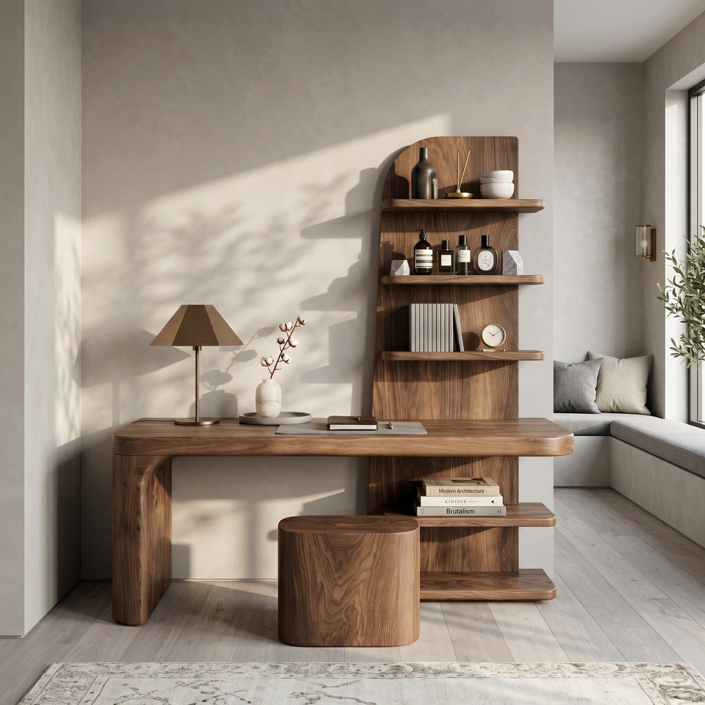 Minimal Desk With Built In Bookcase And Drawers For Study Room