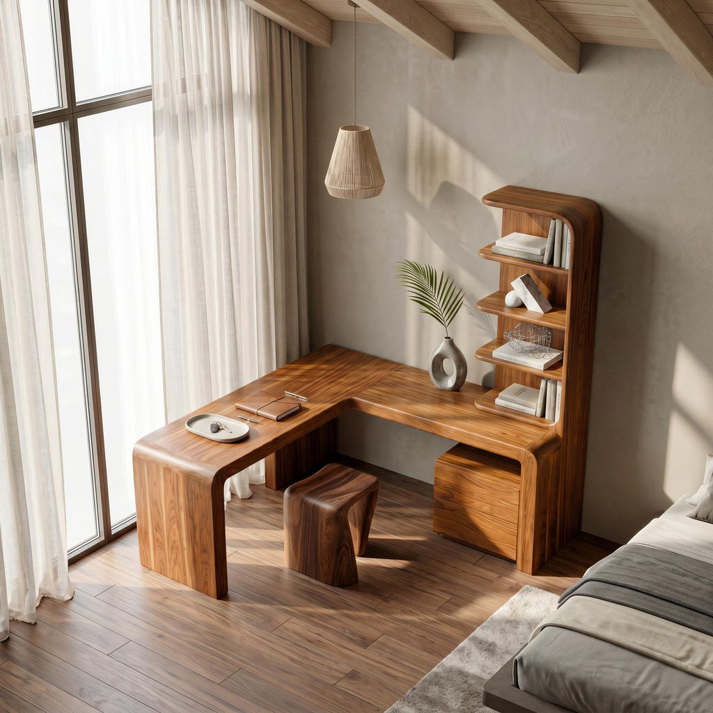 Organic Desk With Storage Shelves And Cabinet For Home Office