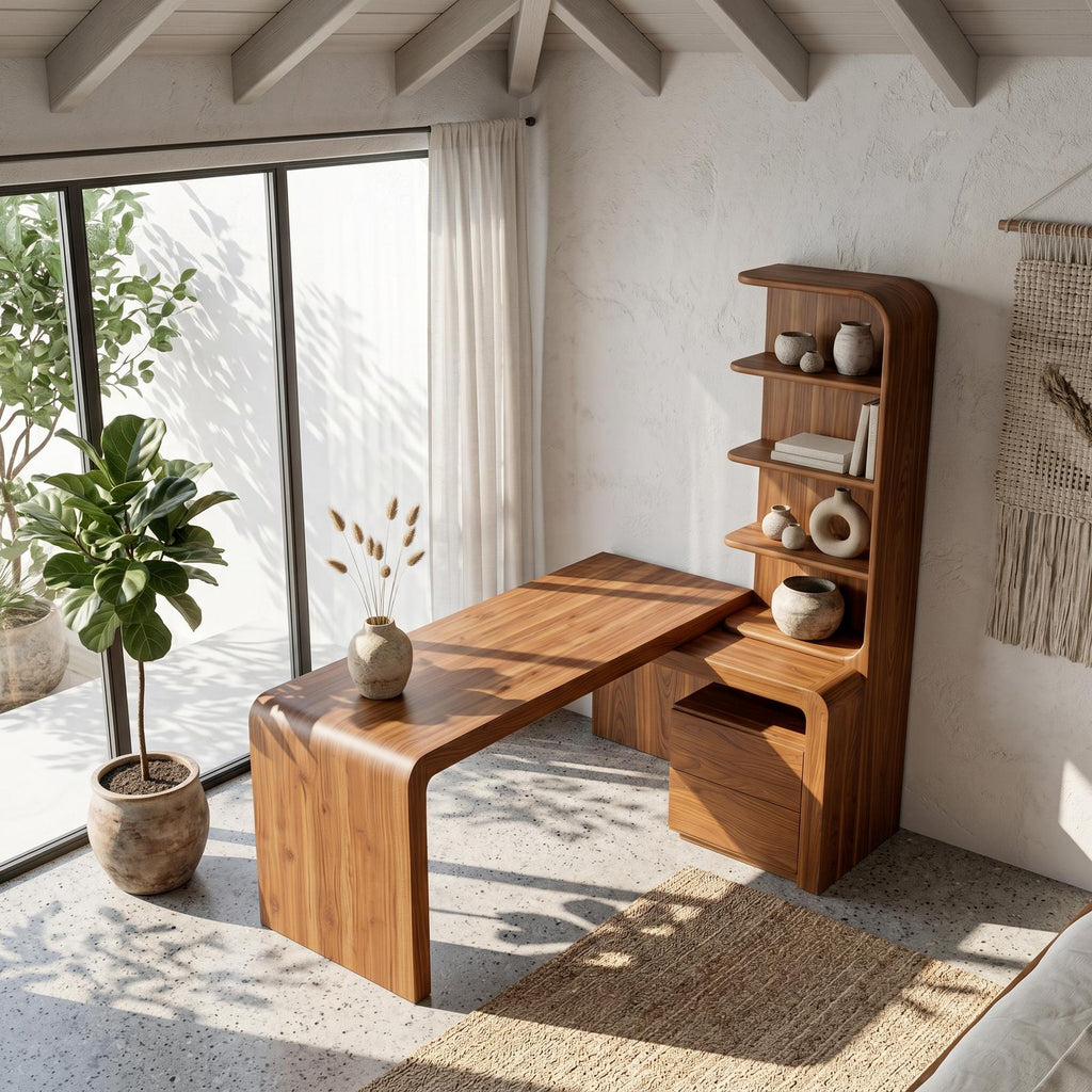 Modern Desk With Built In Bookshelf For Home Office And Workspace