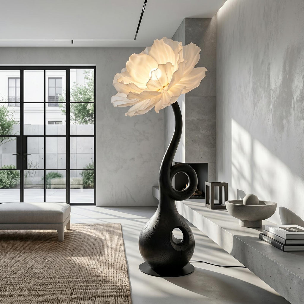 Sculptural Floor Lamp With Floral Accent Design For Bedroom And Reading Room