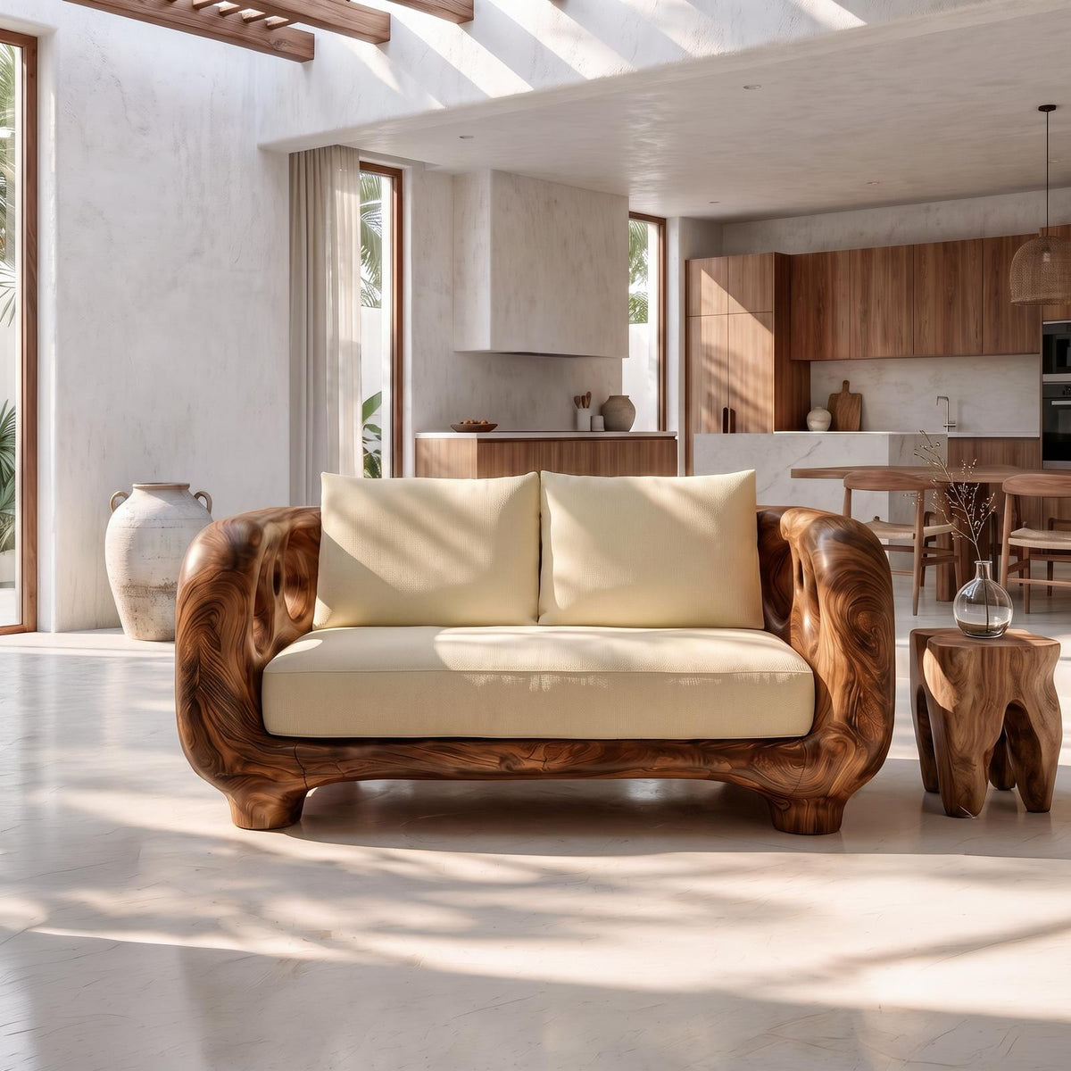 Modern Accent Sofa Frame With Rounded Wooden Arms For Living Room