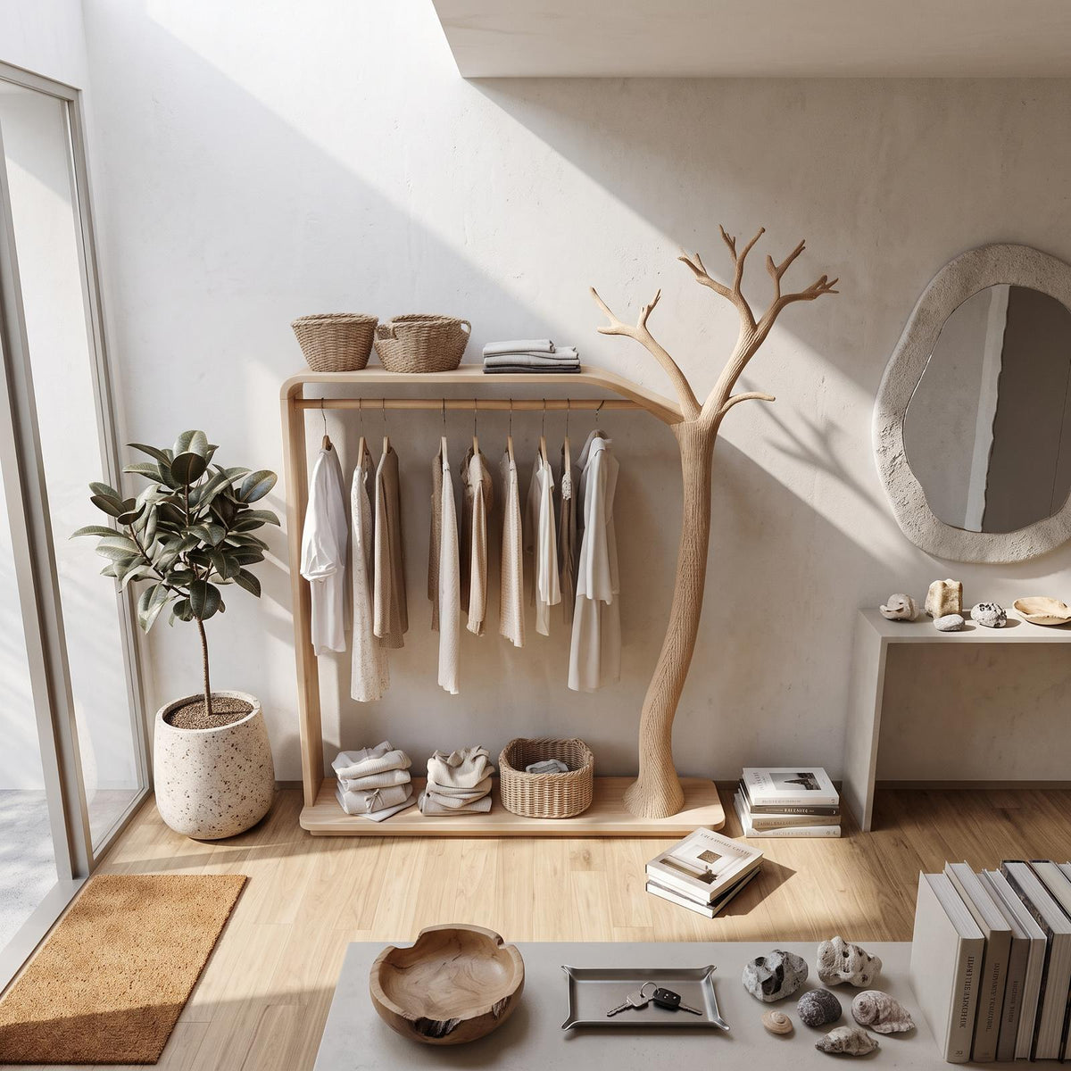 Rustic Tree Clothing Shelf Rack Entryway Bedroom