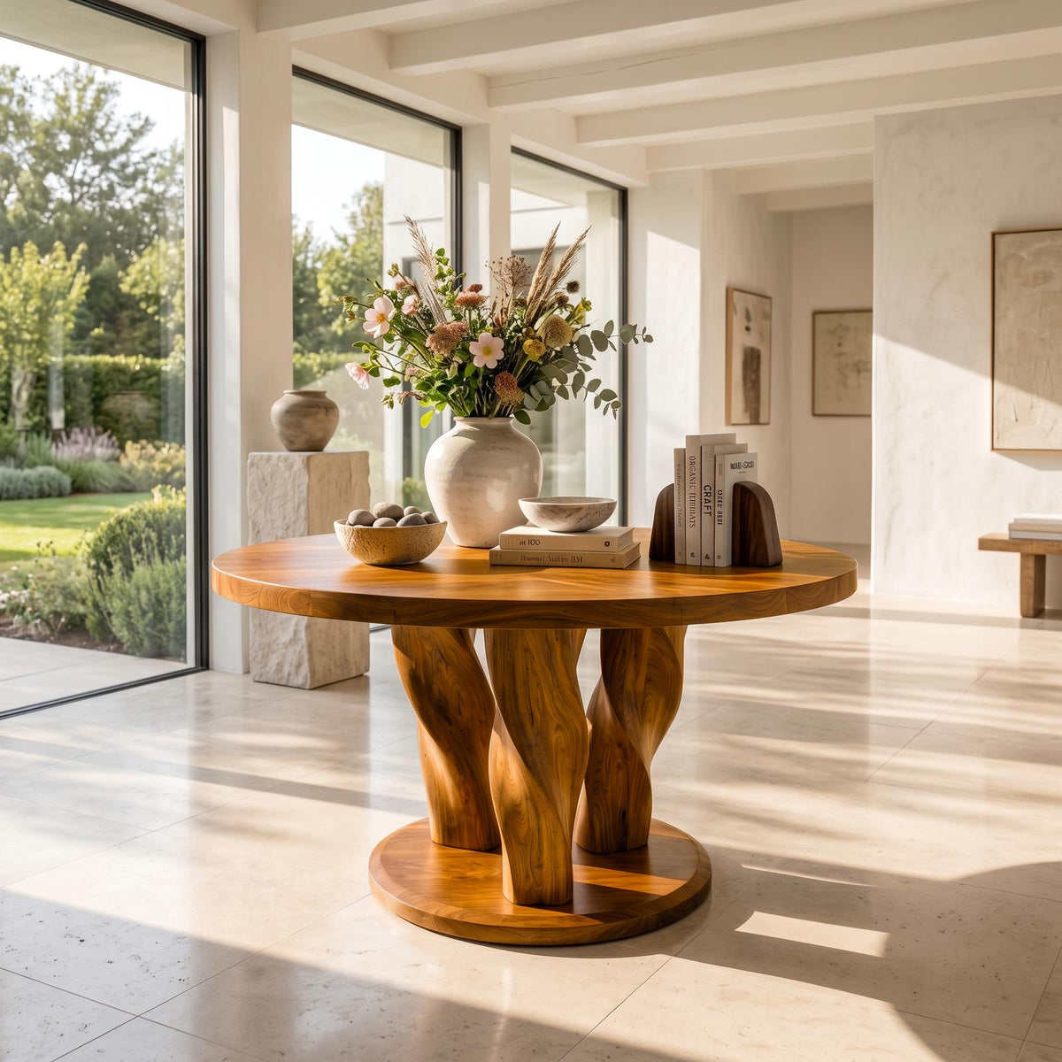 Rustic Round Entryway Table With Twisted Tree Inspired Design For Foyer And Entryway