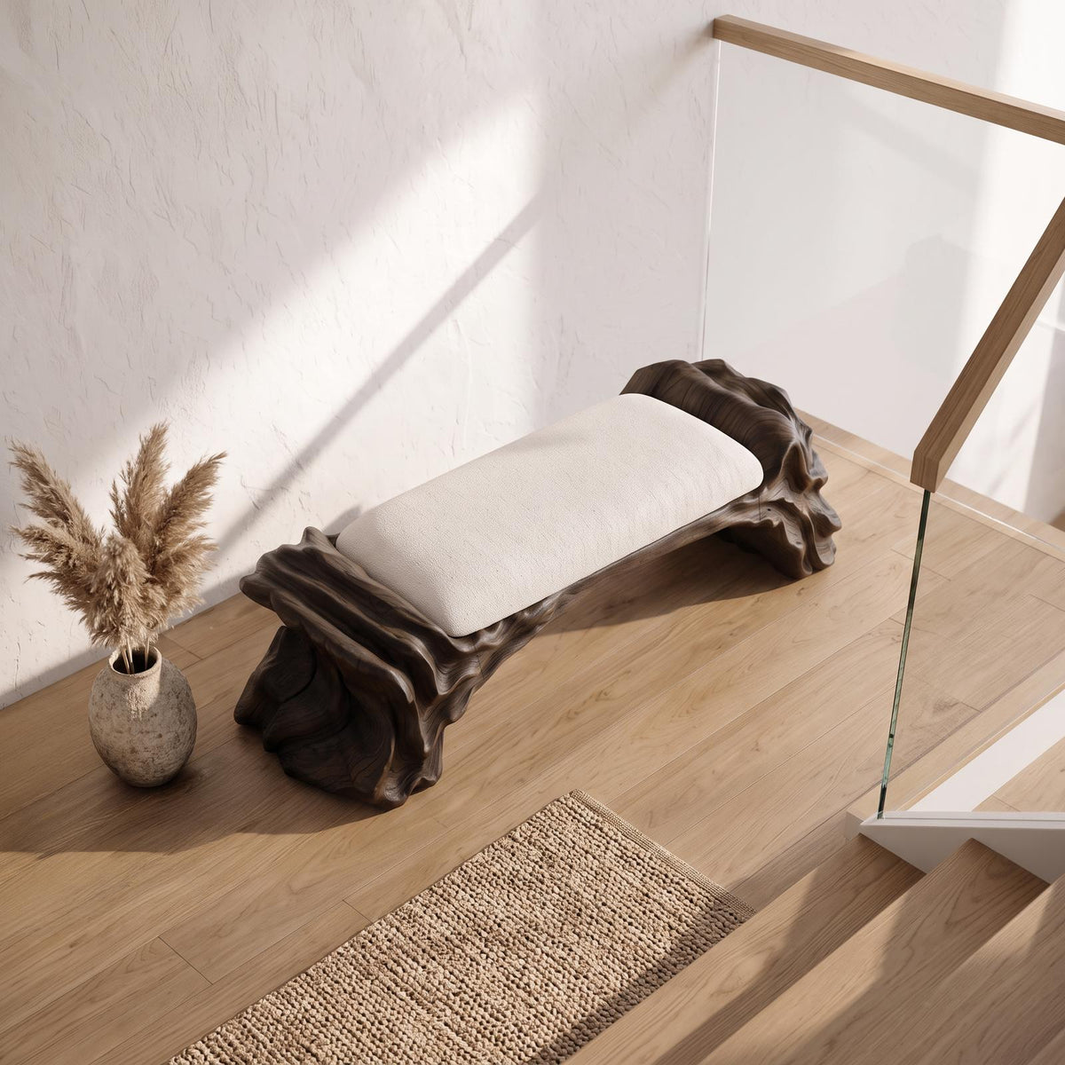 Contemporary Halloween Wood Bench With Oyster Inspired Base For Reading Nook