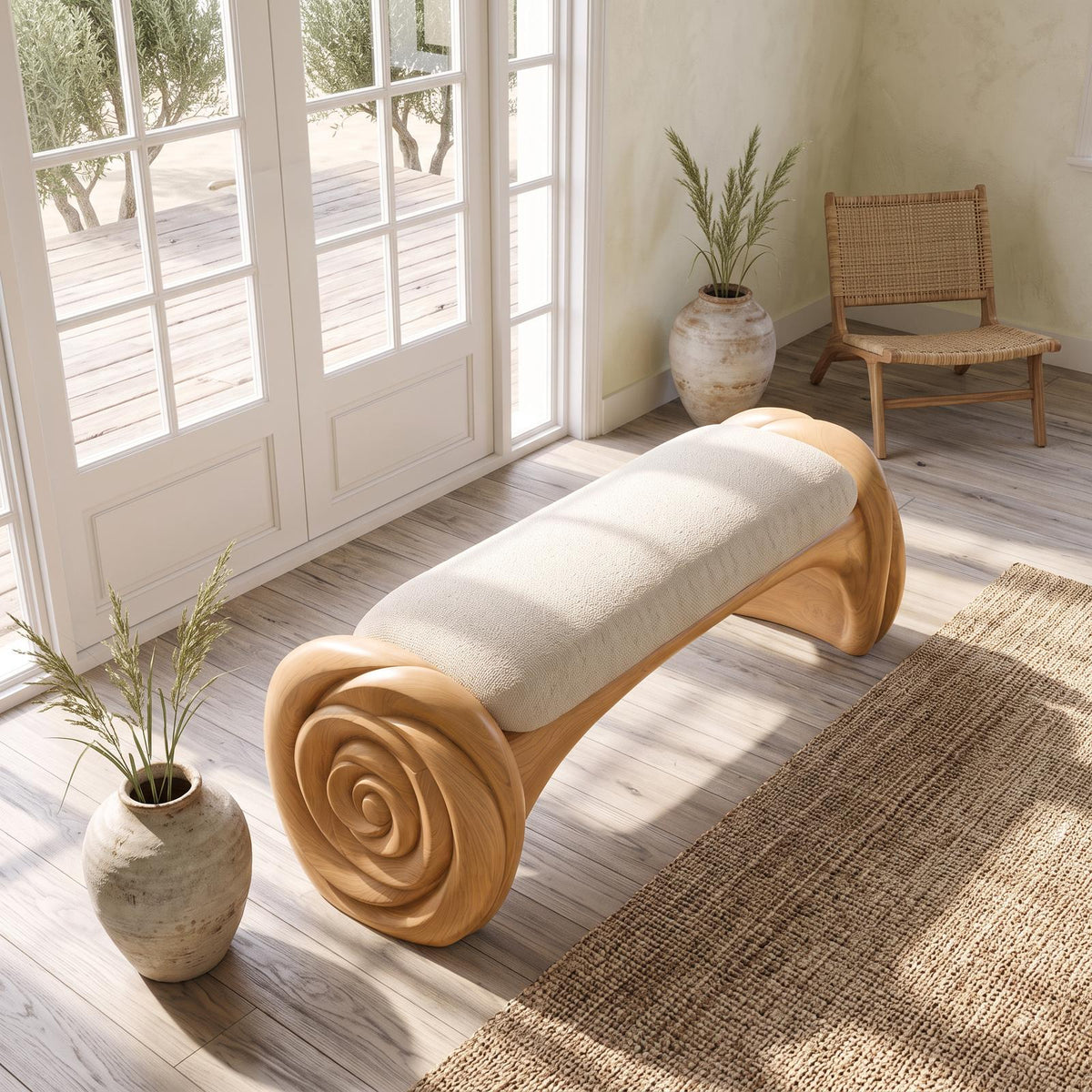 Natural Halloween Accent Bench With Carved Petal Form Legs For Dressing Room SINLSABEN141