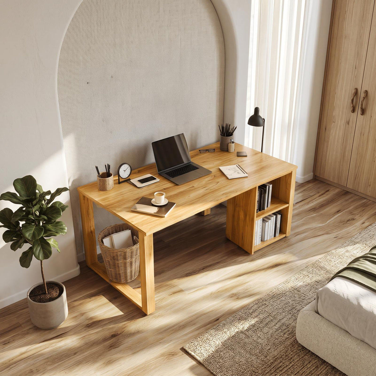 Scandinavian Minimalist Work Desk, Solid Wood Writing Computer Table for Home Office, Sleek Bedroom Study Desk