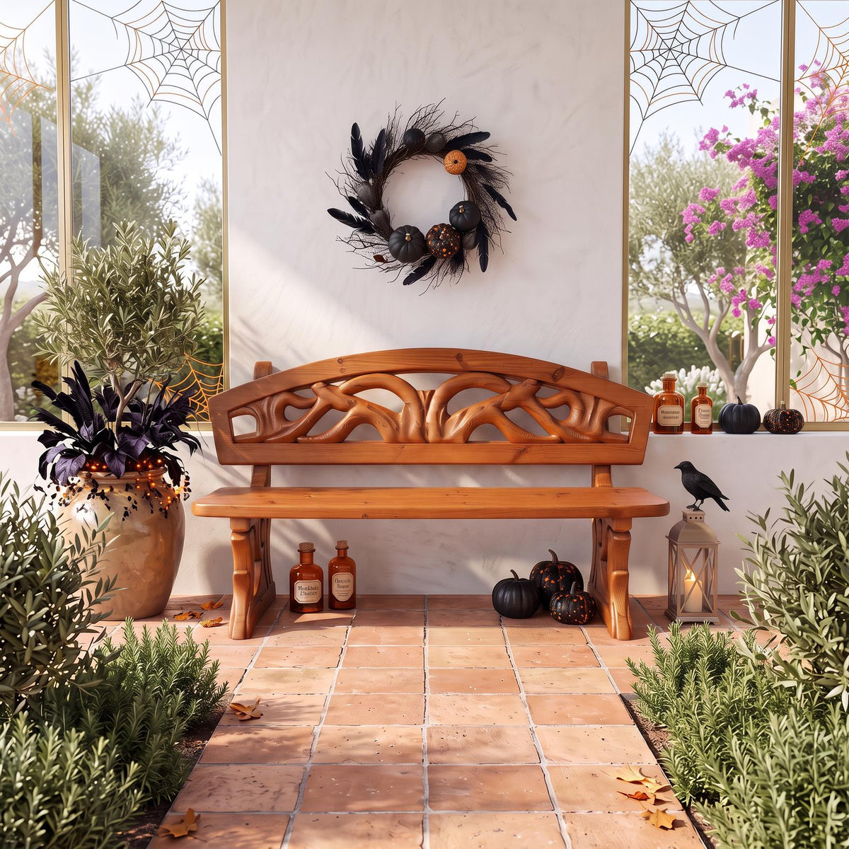 Gothic Halloween Outdoor Bench With Twisted Tree Design For Garden SINLSAGDB001