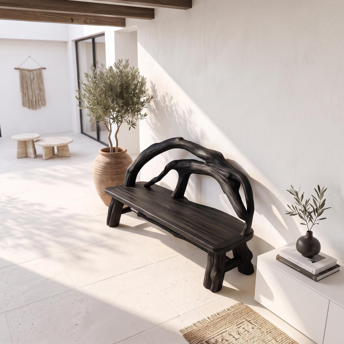Rustic Halloween Patio Bench With Carved Vine Inspired Back For Porch SINLSAGDB008