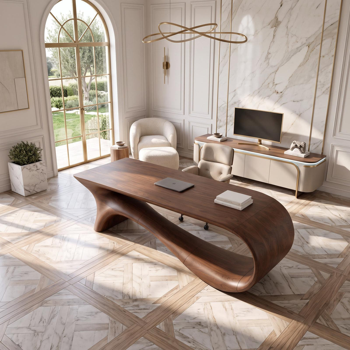 Contemporary Office Desk With Asymmetrical Curved Legs For Workspace