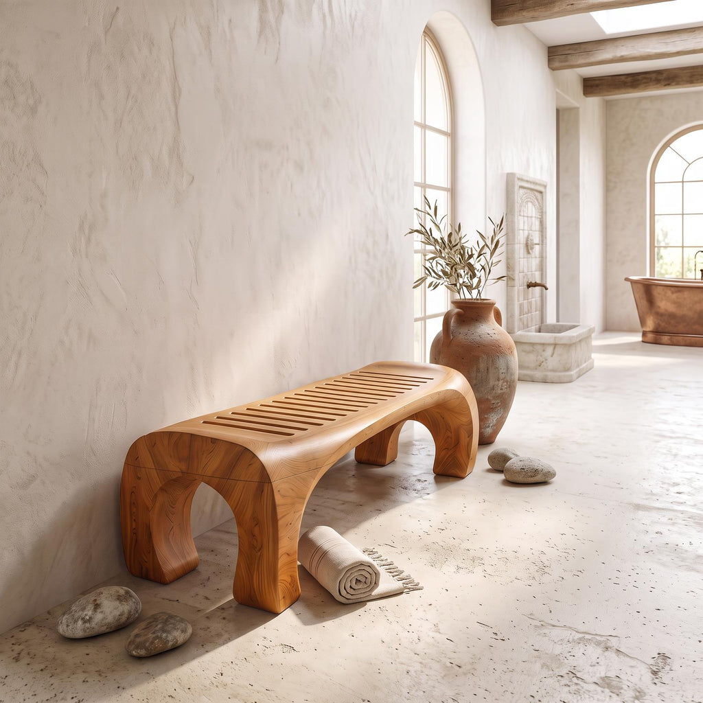 Japandi Bath Bench With Slatted Seat And Balanced Minimal Form
