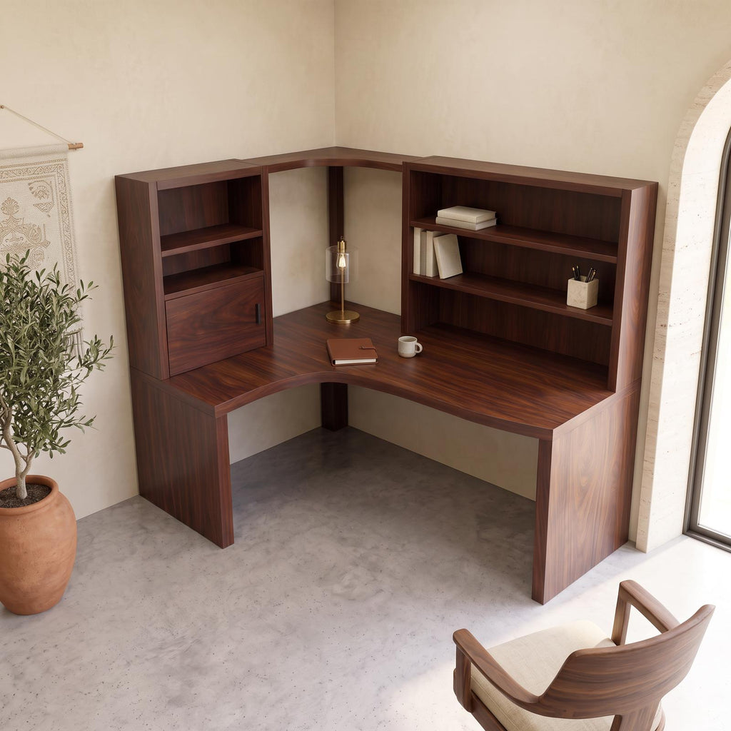Contemporary Corner Desk With Built In Bookcase For Workspace