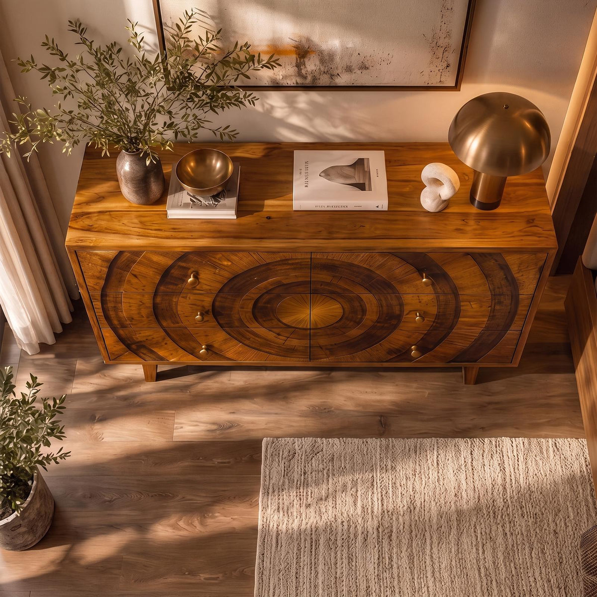Mid Century Wooden Dresser With Concentric Circle Drawer Fronts For Bedroom