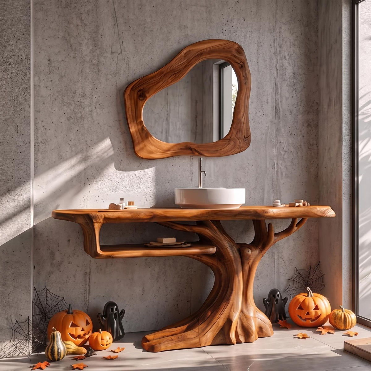 Rustic Halloween Wooden Bathroom Vanity With Branch Inspired Frame For Bathroom