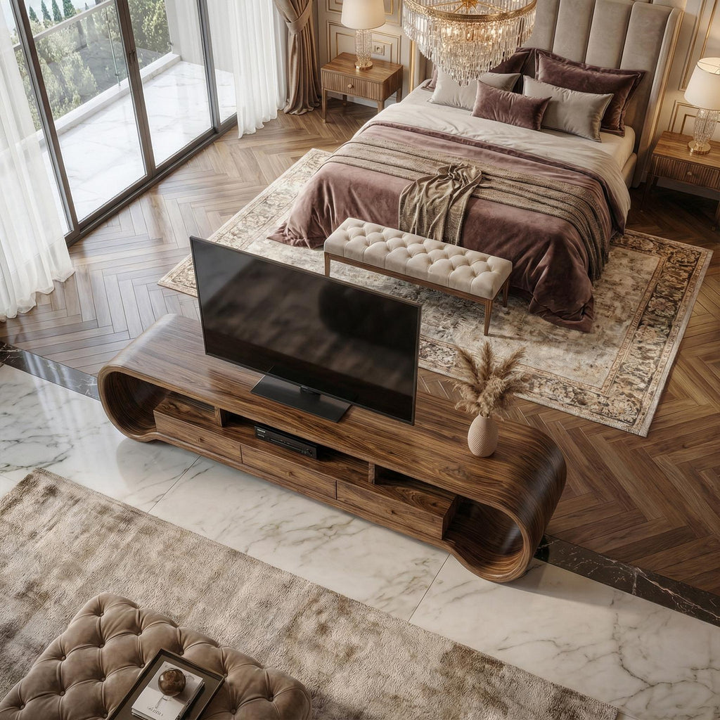Rustic Curved TV Cabinet, Solid Wood Media Console Entertainment Center for Living Room Storage