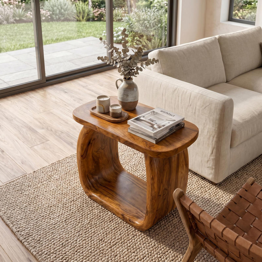 Minimal Wooden Bedside Table with Curved Open Frame, Handcrafted Modern Side Table & Nightstand for Living Room