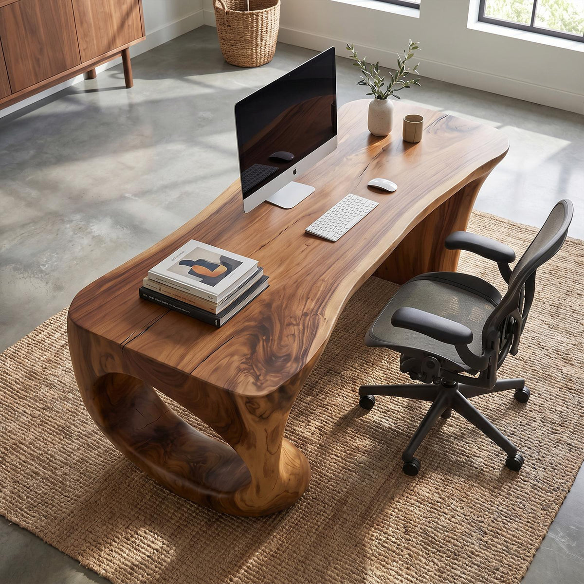 Contemporary Desk, Sculptural Loop Solid Wood Base & Writing Study Table for Executive Home Office